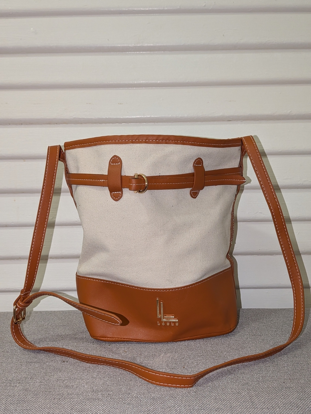 Neutral Canvas & Tan Leather Bucket Bag by